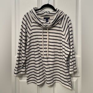 Chaps Cowl Neck Drawstring Navy and White Striped 3/4 Sleeve Top